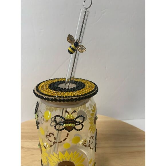 Handmade Bees and Sunflowers 16 oz glass cup with straw topper - Picture 3 of 7